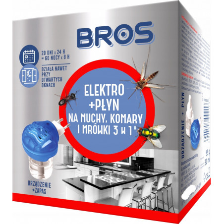 BROS Elektrofumigator z płynem na muchy komary mrówki Elektro + płyn 3w1